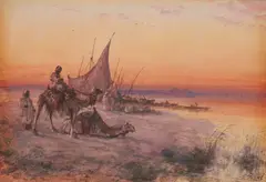Orientalist , Sunset the Nile by Paul Pascal, watercolor and gouache, sold Jul 2023