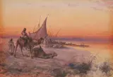Orientalist , Sunset the Nile by Paul Pascal, watercolor and gouache, sold Jul 2023