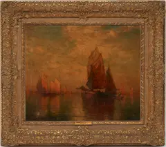 Maritime , Sailboats at Twilight by George McCord, oil on canvas, sold Jul 2023