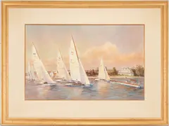 Sailboats Racing off of a New England Coastline by John Gable, watercolor on paper, sold Jul 2023