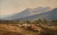 Mountain w/ Farmhouse, Poss. East, TN by Thomas Campbell, oil on canvas, sold Jul 2023