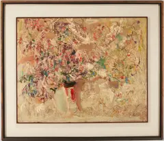 Floral Still Life by Large Sterling Strauser, 1972, oil on board, sold Jul 2023