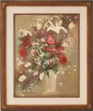 Still Life with Red Flowers by Sterling Strauser, 1973, oil on board, sold Jul 2023