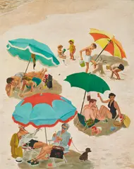 Couples at the Beach by George E. Hughes, oil on board, sold Jul 2023