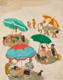 Couples at the Beach by George E. Hughes, oil on board, sold Jul 2023