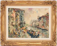 Abstract Canal Scene by Luigi Pagan, oil on board, sold Jan 2023
