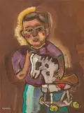 Portrait, Young Boy with a Toy Horse by Sterling Strauser, oil on board, sold Jan 2023