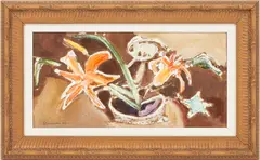 Still Life , Flower Pot w/ Lilies by Sterling Boyd Strauser, oil on board, sold Jan 2023