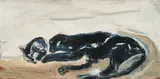 Sleeping Black Cat by Sterling Strauser, oil on board, sold Jan 2023