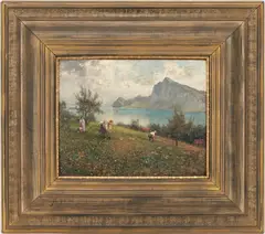 The Burgenstock Seen from Oberutti Near Lucerne by Josef Wopfner, oil on board, sold Jan 2023