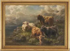 Highland Calves, Morning by the Lochside, Loch Jay N.B by Cari E. Watson, oil on canvas, sold Oct 2022