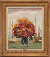 Floral Still Life w/ Sailboats by Michel Henry, oil on canvas, sold Oct 2022
