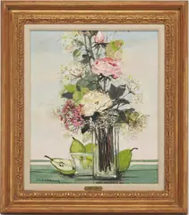 Floral Still Life w/ Pears by Michel Henry, oil on canvas, sold Oct 2022