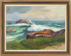 Coastal Landscape by George Jensen, oil on board, offered Jul 2022