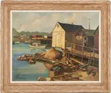 Lobster Shacks by Frances S. Butler, oil on canvas, sold Jul 2022