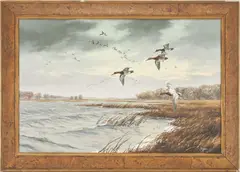 Ducks in Flight by David A. Maass, oil on board, sold Jul 2022