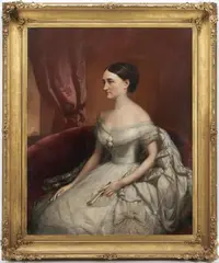 Portrait of Martha Ready Morgan of TN, wife of John Hunt Morgan, plus 2 books by Benjamin Franklin Reinhart, oil on canvas, sold Jul 2022