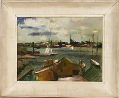 Harbor Scene by Rudolf Jacobi, oil on canvas, sold Jul 2022