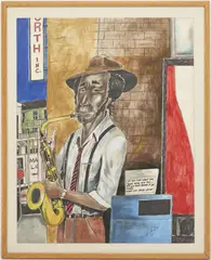 Folk Art , Saxophone Player by Roy Ferdinand, ink, sold Jul 2022