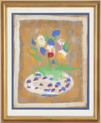 Outsider Art Still Life with Flowers by Sybil Gibson, mixed media on paper, sold Jul 2022