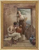Ancient Greek Man Painting a Vase by Lloyd Branson, oil on canvas, sold Jul 2022