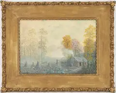 Kentucky Cabin & Corn Shocks by Robert Burns Wilson, watercolor and gouache on paper, sold Jul 2022