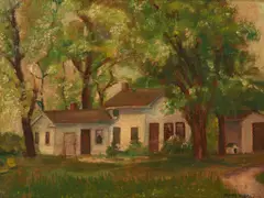 Landscape, House in Trees by Frank Harmon Myers, oil on canvas, sold Jan 2022