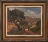 Landscape, Road with Trees by Janet Kellogg Reid, oil on board, sold Jan 2022