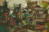 Village Scene w/ Trees by Sterling Strauser, oil on board, sold Jan 2022