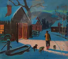 Winter Scene, Hunter Dogs Illustration by Harold Harrington Betts, oil on canvas, sold Jan 2022