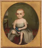 William Shackelford Portrait, Baby with a Blue Shoe by William Stamms Shackleford, oil on canvas, sold Jan 2022