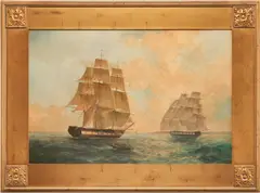 Marine , 2 American Colonial Ships by Matt Thomas, oil on canvas, sold Jul 2021