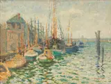 Impressionist Harbor Scene by Katherine Levin Farrell, oil on board, sold Jul 2021