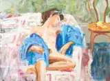 The Pink Quilt by Douglas Denniston, oil on canvas, sold Jul 2021