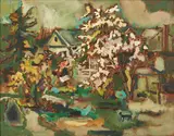 Suburban Landscape w/ Cat by Sterling Strauser, oil on board, sold Jul 2021