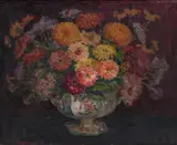 Zinnias by Maude or Maud Kaufman Eggemeyer, oil on canvas, sold Jul 2021