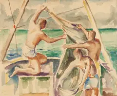 Men Sailboat by Gus Baker, watercolor, sold Jan 2021