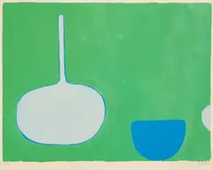 Bottle and Bowl, Blues on Green by William Scott, screenprint, sold Jan 2021