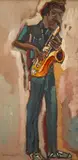 Young Man with a Horn by Sterling Strauser, oil on board, sold Jan 2021