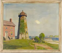 Marine w/ Lighthouse by John J. Inglis, oil on canvas, sold Jan 2021