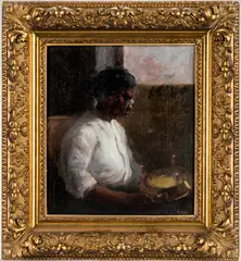 Woman Sewing by Gilbert Gaul, oil on board, sold Jan 2020