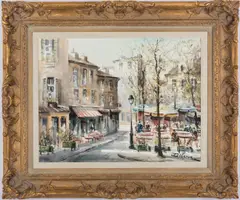 Parisian Street Scene w/ Cafe by Lucien Delarue, watercolor and gouache on paper, sold Oct 2019