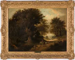 19th C. Landscape with figures cart by George Vincent, oil on canvas, sold Jul 2019