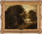 19th C. Landscape with figures cart by George Vincent, oil on canvas, sold Jul 2019