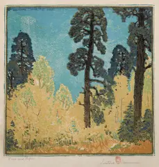 Pine and Aspen by Gustave Baumann, color woodcut, sold Jan 2019