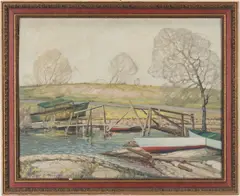 Landscape, Bridge & Boats by Dwight Clay Holmes, oil on canvas, sold Jan 2019