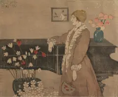 Woman with a fan at the piano by Bror Julius Olsson Nordfeldt, woodcut, sold Oct 2011