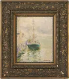 Harbor Scene by Mary Gardner Johnston, oil on board, sold Jan 2024