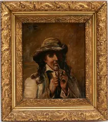 Portrait, Man Smoking a Pipe by Henry Mosler, oil on canvas, sold Jul 2023