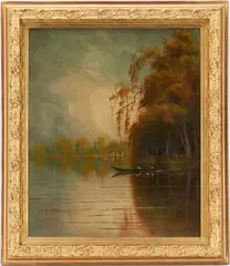 Foggy Afternoon Along the Sacramento River by James Everett Stuart, oil on board, sold Jan 2023
